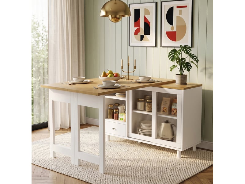  Table à manger pliante extensible 120x40x75,5 cm, panneau de fibres blanc et naturel, avec rangement et porte en verre  - Conforama E