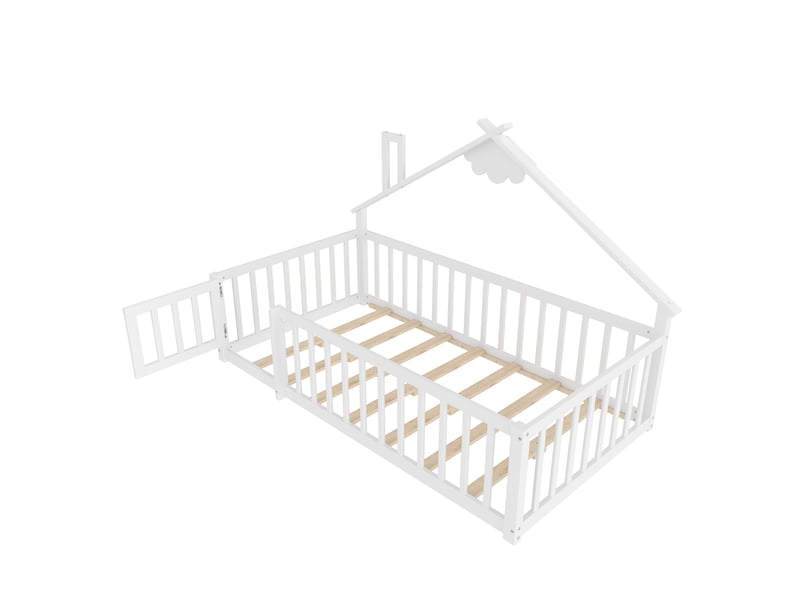 Lit simple plat, 90 x 190 cmt, barrière de sécurité, barrière avec verrou, bois de pin, blanc  - Conforama A