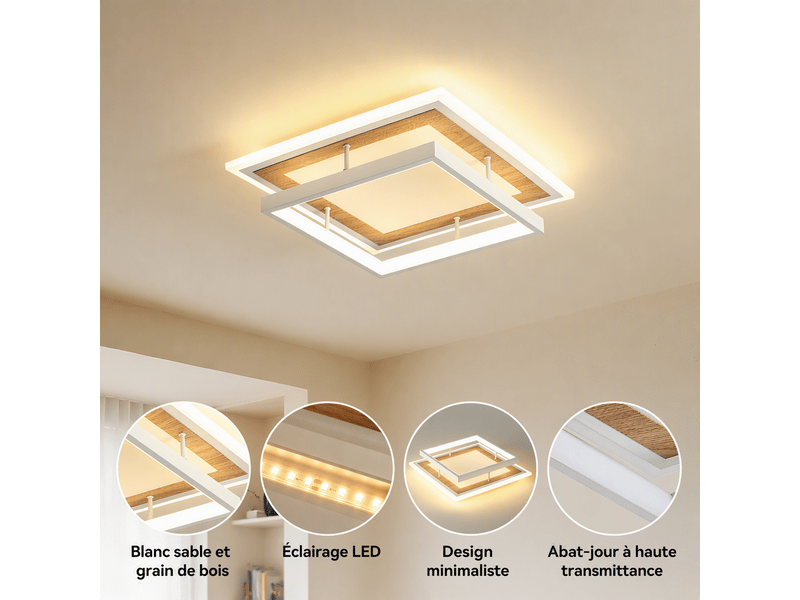  Plafonnier led carré moderne, d30 x h9 cm, lampe de plafond 34 w 2817 lm, blanc sable et bois, 3000 k, salon, chambre, cuisine  - Conforama E