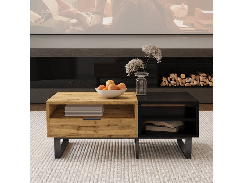  Table basse bois et noir avec 3 niches et tiroir, table de salon avec tiroir style industriel, 100x50x40 cm  - Conforama R