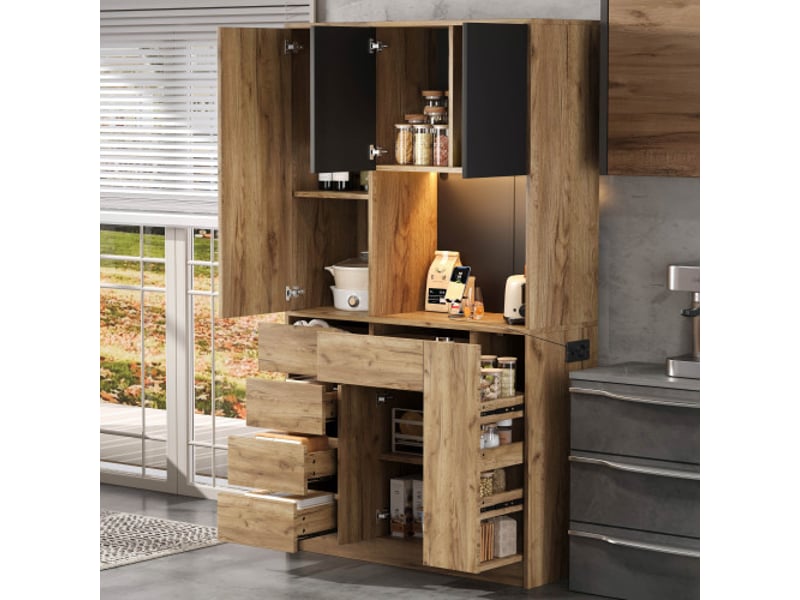  Meuble haut de cuisine colonne épices coulissante led, télécommande, prise intégrée, étagères réglables 185×105×40 cm  - Conforama C
