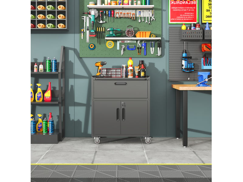  Armoire à outils sur roulettes 75x42x88 cm noire en métal, 1 tiroir, 2 portes verrouillables pour garage  - Conforama B