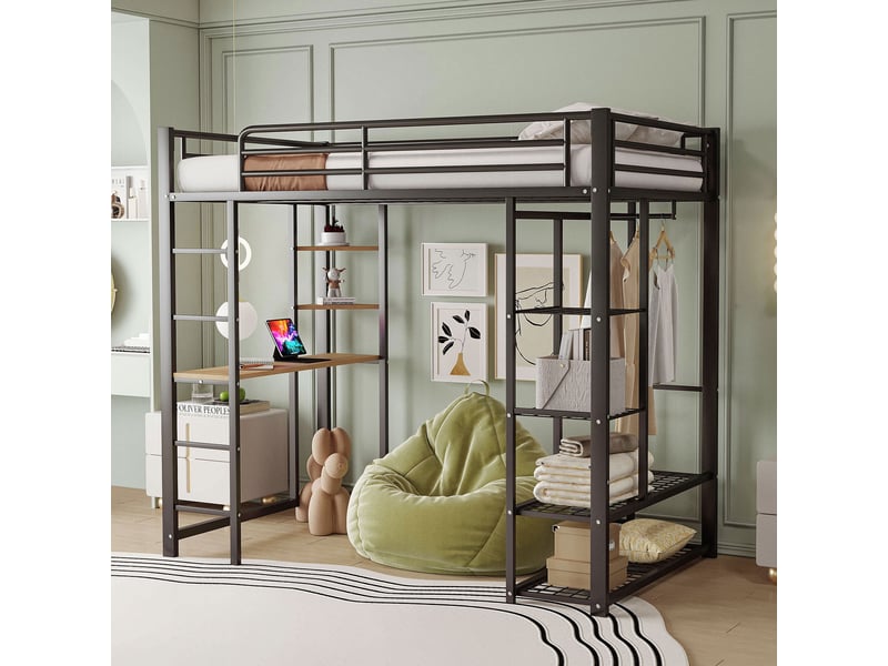  Lit mezzanine 200×90 cm avec bureau, rangements et penderie, sans matelas, en métal noir  - Conforama C