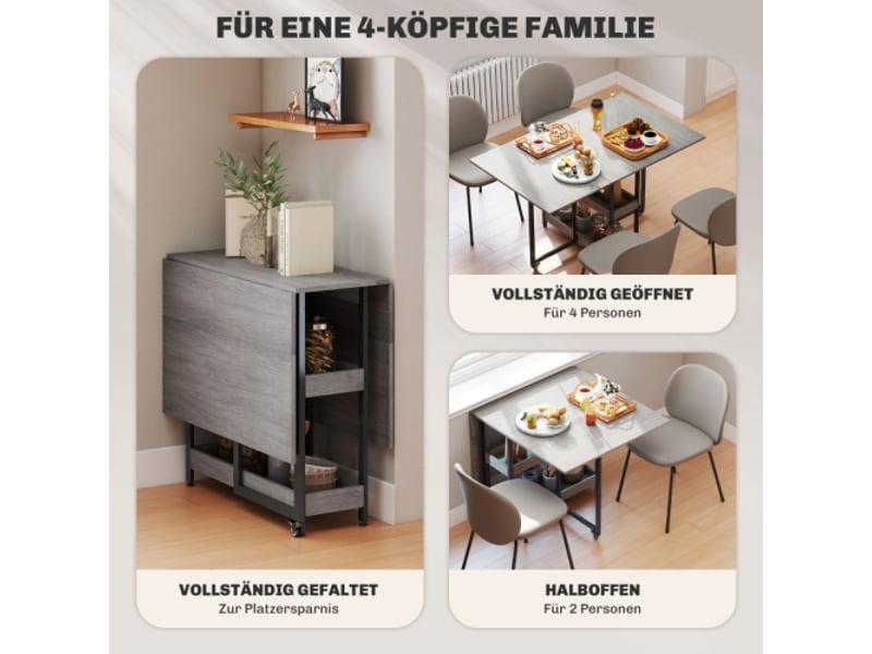 Table à manger pliante 2-4 personnes, 2 rangements ouverts, table mobile compacte 133x80x75 cm gris - Conforama D