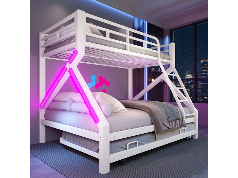  Lit superposé 90x200 et 140x200 cm avec lit gigogne 90x190 cm, led multicolores, échelle et barrières, métal et mdf, blanc OMNIGLINT TRADING LTD - Conforama C