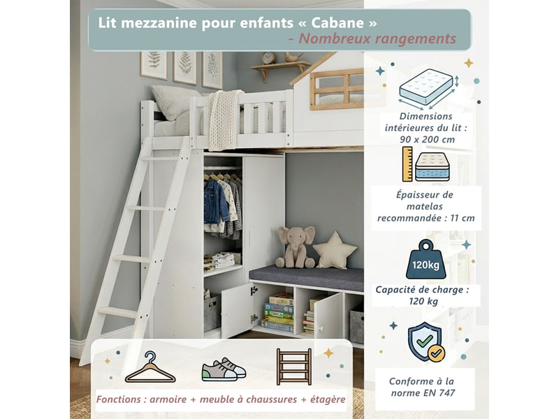 Lit mezzanine enfant 90x200 cm - avec échelle - avec armoire et étagère ouverte - banc avec rangement - bois massif + mdf - blanc (sans matelas) - Conforama W