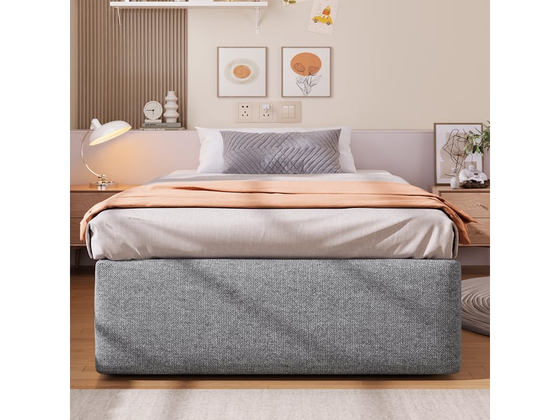  Lit coffre 90x200 cm, lit simple rembourré avec rangement hydraulique, 1 tiroir, sans tête de lit, sans matelas - gris  - Conforama D
