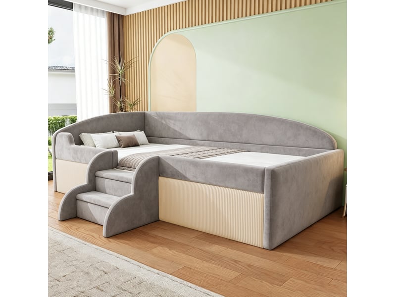  Lit enfant rembourré, 90x190 cm, espace nuit, marches, barrières de sécurité, matelas non inclus, velours, coloris gris  - Conforama B