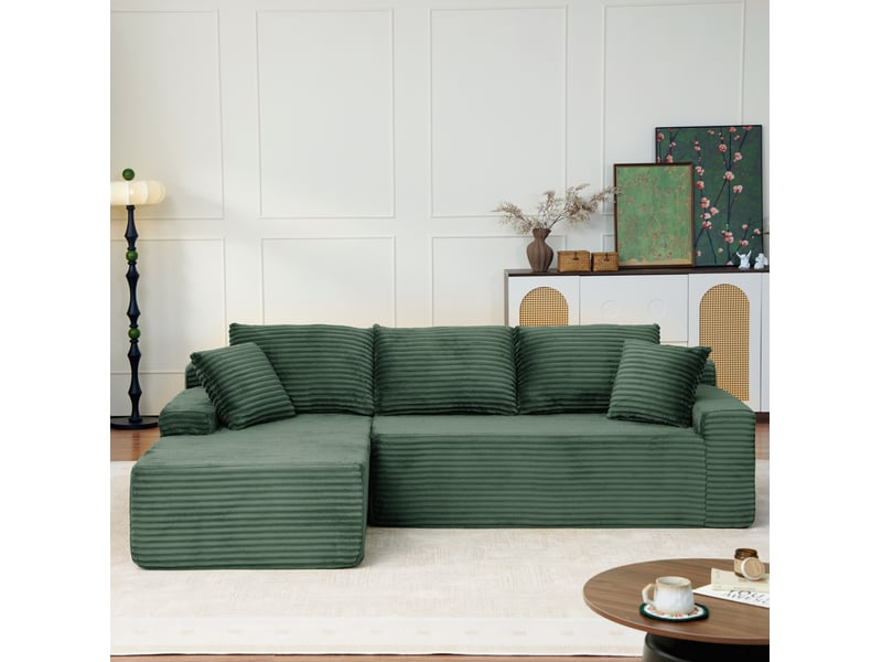  Canapé d'angle modulable gauche compressé 4 places, pour salon, élégant, pratique, en mousse et velours côtelé, vert  - Conforama B