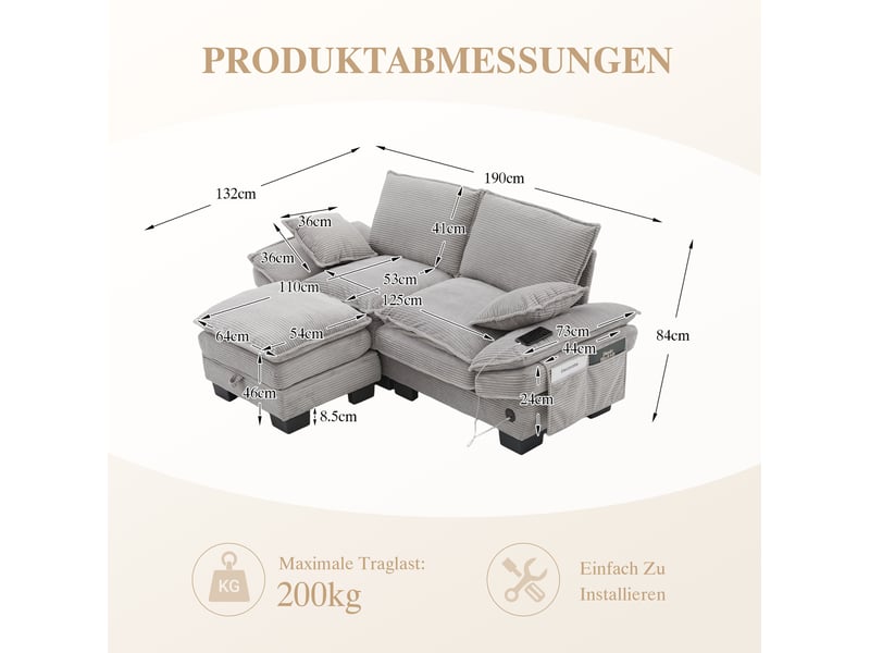  Canapé 2 places en velours côtelé gris clair avec pouf de rangement et usb-c  - Conforama C