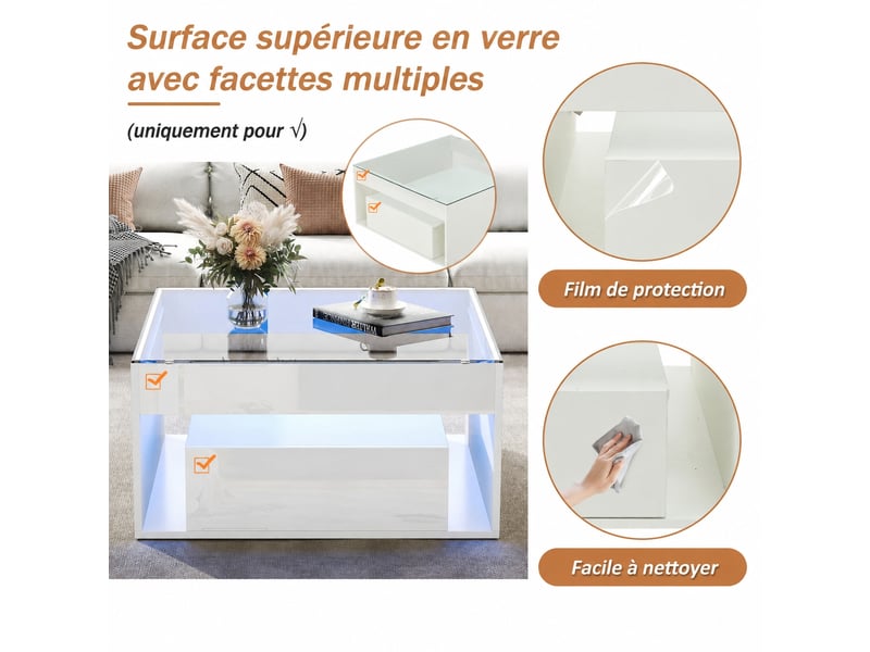 Table basse led blanche, carrée 70 x 70 x 35 cm, verre trempé, 2 tiroirs, mdf brillant - Conforama D