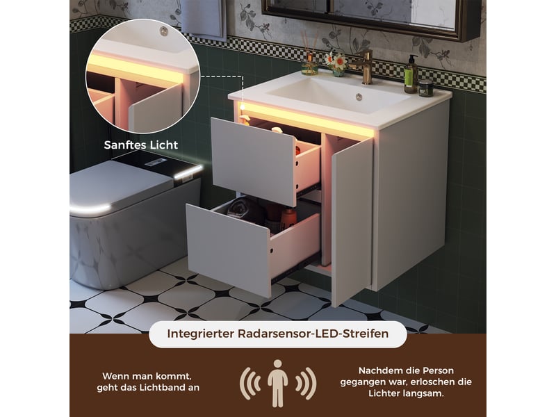  Meuble sous-vasque suspendu avec vasque céramique et led blanc 61 x 46.5 x 57 cm  - Conforama D