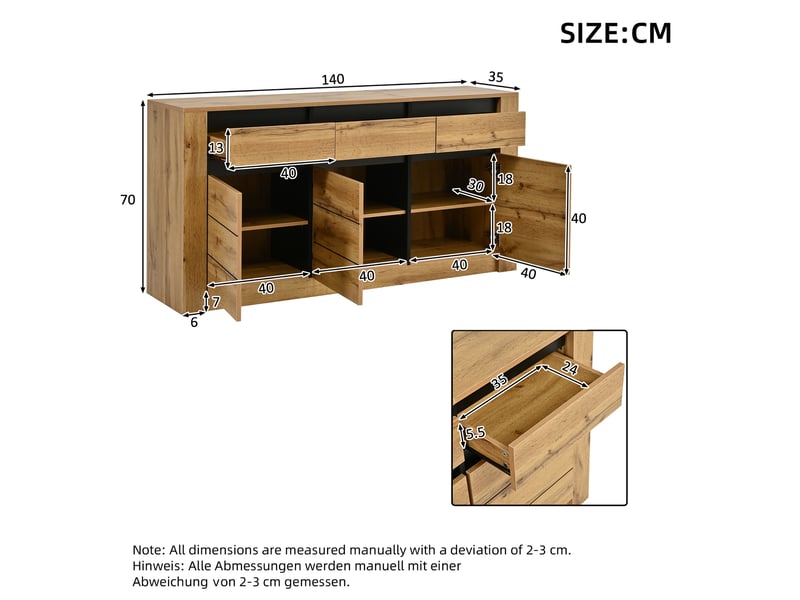  Buffet salon bois naturel 140 cm 3 portes 3 tiroirs  - Conforama C