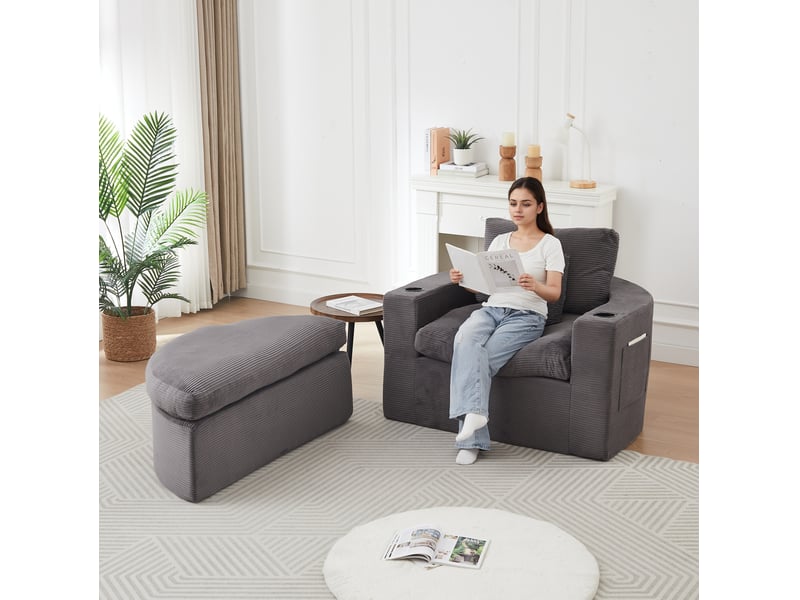  Fauteuil lounge 1 place avec repose-pieds – gris – velours côtelé, rangement latéral et porte-gobelets  - Conforama D