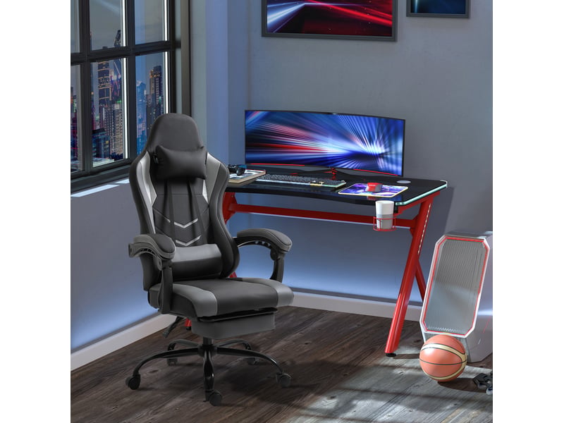  Fauteuil gaming noir en mousse, hauteur réglable, dossier inclinable 160 degrés avec repose-pieds rétractable  - Conforama B