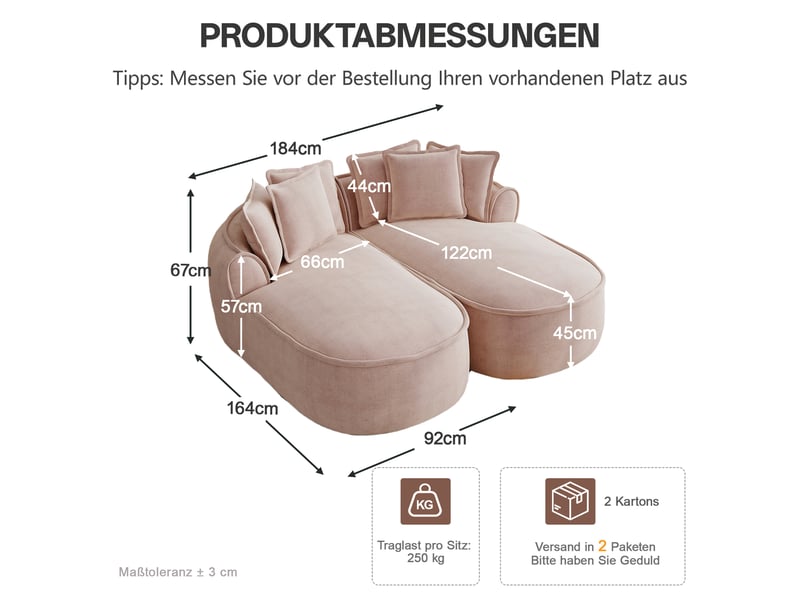Canapé convertible 2 places en tissu rose, modules sans cadre et méridienne profonde pour se détendre - Conforama C