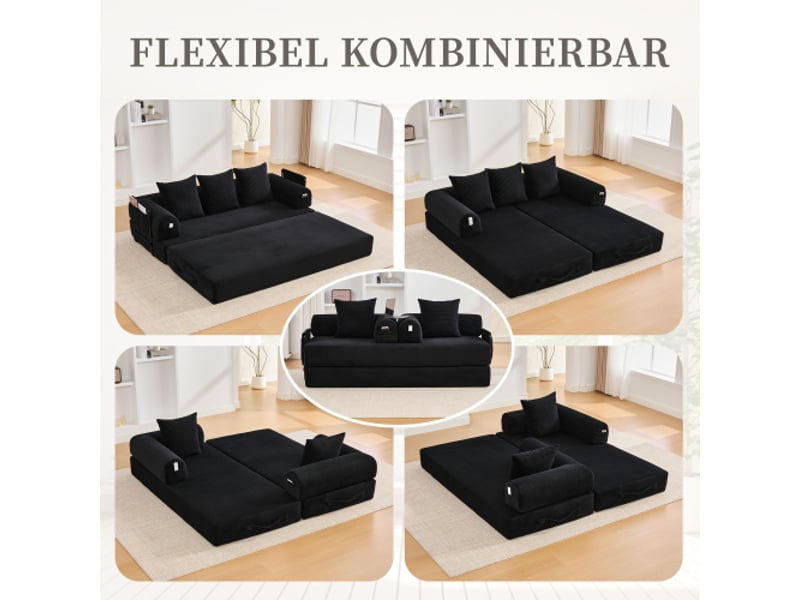 Canapé convertible cadre métallique robuste — poches latérales,3 coussins,configurations lounge personnalisables, noir - Conforama D