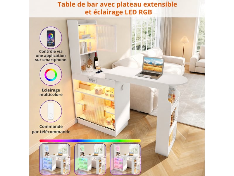 Meuble de cuisine muvano, table haute extensible avec rangement, blanc, longueur 131–170 cm - Conforama R