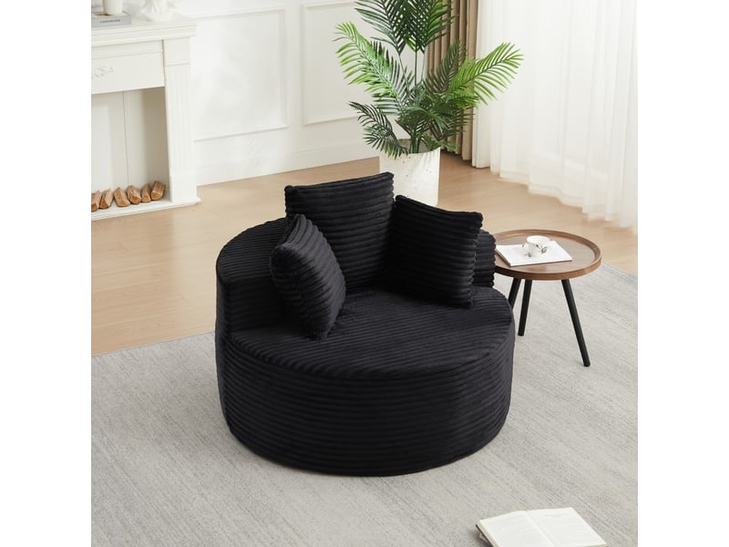  Fauteuil simple rond 110x110x82cm - canapé cabriolet lounge individuel sans montage en velours côtelé 3 coussins - noir  - Conforama C
