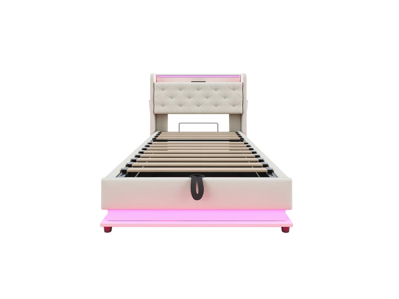  Lit enfant tapissier 90x200cm avec led, usb-c, tête relevable, rangement hydraulique, poche à téléphone, lin beige  - Conforama R