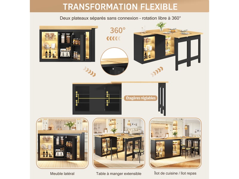 Îlot de cuisine extensible 120–197x40x72 cm avec plateau pivotante 360°, rgb led, rangement vitré et étagère réglables, noir - Conforama D