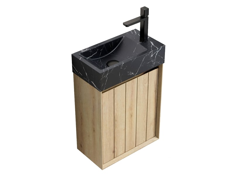 Meuble salle de bain suspendu 40cm avec vasque en marbre noir et porte couleur chêne blanc - Conforama A