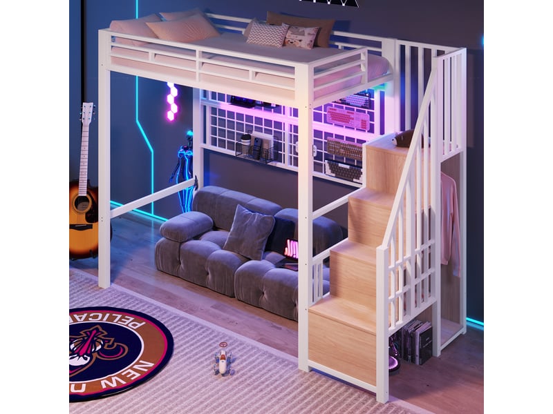 Lit mezzanine en métal 90x200 cm, lit avec penderie, échelle de rangement, barres de suspension, led 7 couleurs, espace sous lit, blanc evarich - Conforama E