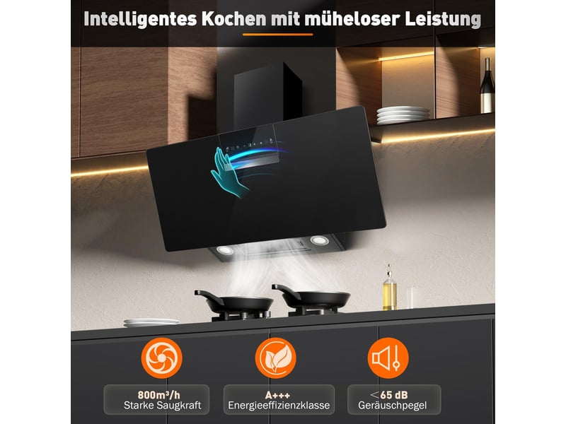 Hotte aspirante 90 cm noire en verre trempé, débit d’air 800 m³h, commande tactile et gestuelle, 3 vitesses avec booster - Conforama B