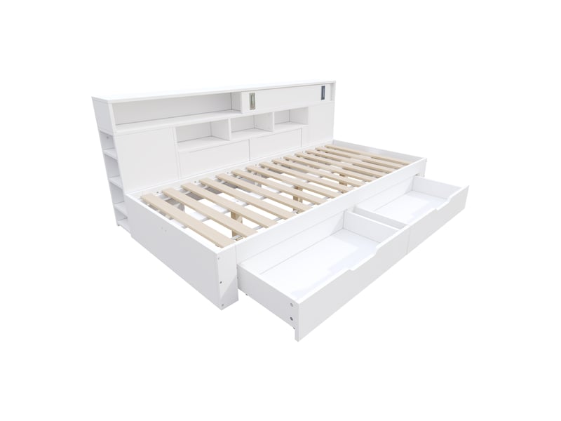 Lit de jour pour enfant 90x190, lit simple avec tiroirs de rangement et étagères, lit enfant multifonctionnel blanc en mdf. - Conforama A