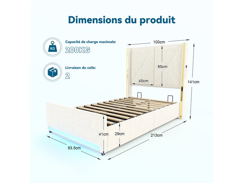  Lit coffre 90x200 cm avec led et ports usb et type c en velours beige  - Conforama E