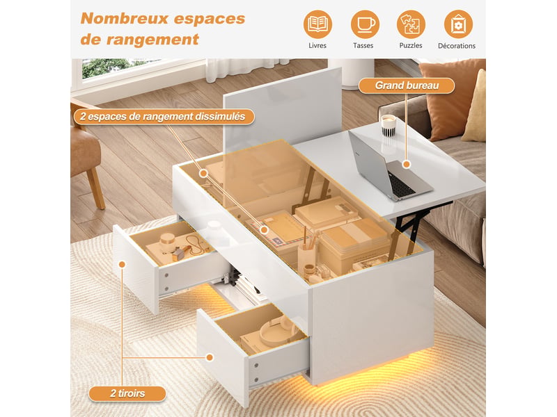  Table basse relevable blanche brillante avec led – 100 x 45 x 43 cm – 2 tiroirs  - Conforama E