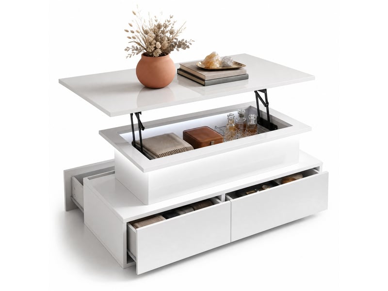  Table basse finition brillante, avec 4 tiroirs, plateau relevable et led, pour salon, panneaux de particules, 90 × 55 × 41 cm, blanc  - Conforama A