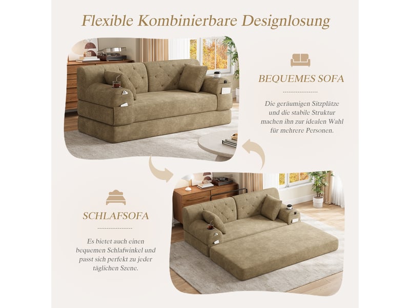 Canapé convertible, canapé-lit, 2 places, en velours tricoté, kaki, poches latérales, structure métallique, porte-gobelets - Conforama A