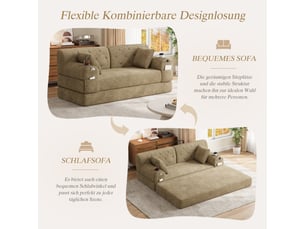 Canapé 2 places, avec couchage d'appoint, avec porte-gobelets, en velours côtelé, coloris kaki, l168 x p80 x h81 cm, gain de place