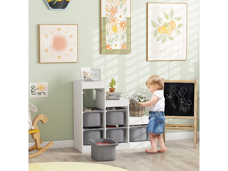  Meuble de rangement pour jouets des enfants avec 6 bacs amovibles, 3 niveaux de rangement, 96 x 38,5 x 90, gris  - Conforama B