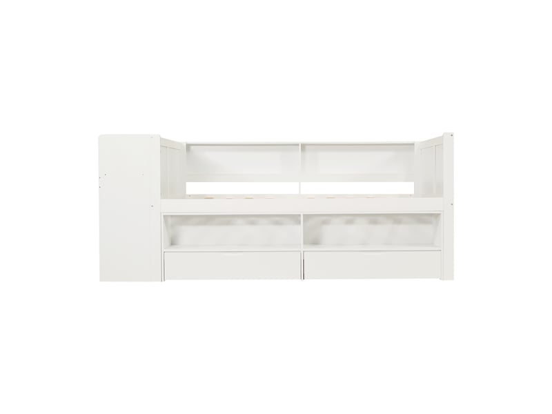  Lit 120x200 cm blanc avec bureau intégré, placard, 2 tiroirs et rangements ouverts  - Conforama D