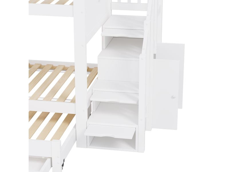 Lit superposé 90 × 200 cm, lit gigogne 90 × 190 cm, 2 tiroirs, escalier avec rangement et armoire, pin et mdf, blanc - Conforama E