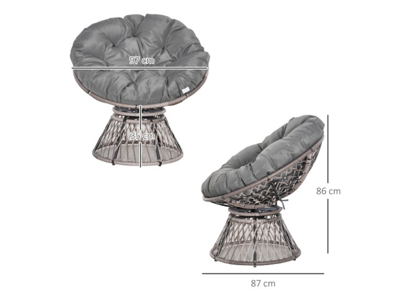 Fauteuil papasan outsunny gris en rotin, coussin, pivotant à 360°, 87x97x86 cm, jardin et salon - Conforama C