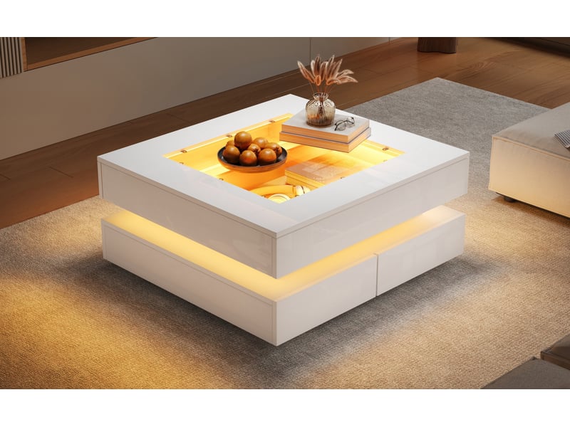  Table basse carrée 70x70x35 cm led intégrée 3 tiroirs plateau verre trempé laqué brillant panneau de particules blanc  - Conforama B