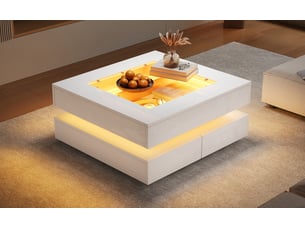 Table basse carrée 70x70x35 cm led intégrée 3 tiroirs plateau verre trempé laqué brillant panneau de particules blanc