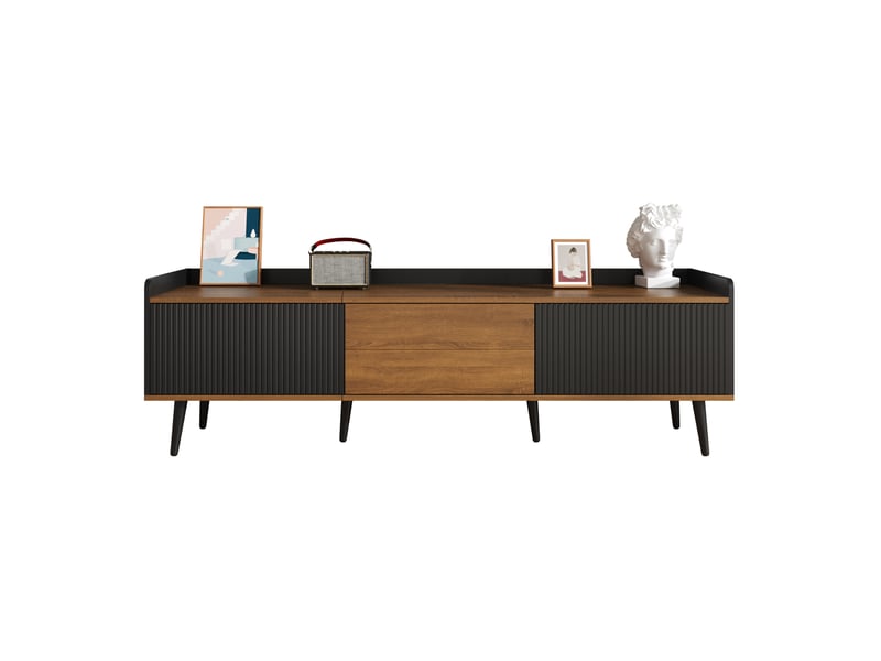  Meuble télévision 160 x 39 x 49,5 cm 3 portes rangement sécurisé pieds strié mdf et particules noir et naturel  - Conforama A