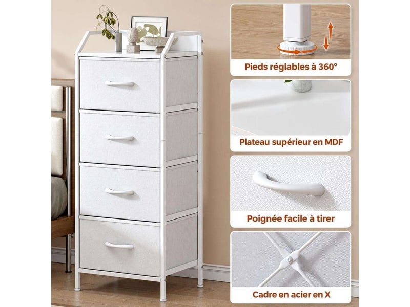  Chiffonnier meuble 43x30x98 cm quatre tiroirs tissu blanc et structure metal moderne  - Conforama B
