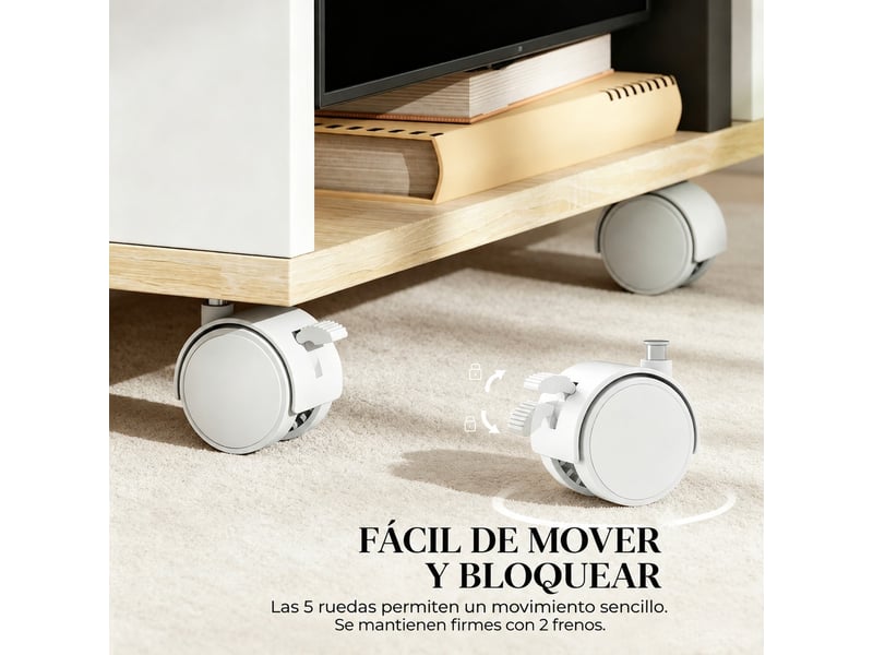  Meuble tv à roulettes avec 2 niches et compartiments pour salon 120×40×38,5 cm blanc naturel  - Conforama D