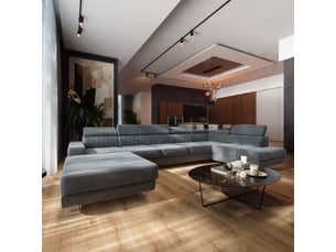 Canapé d'angle droit convertible MASSENO  6 places Velours gris avec coffre de rangement