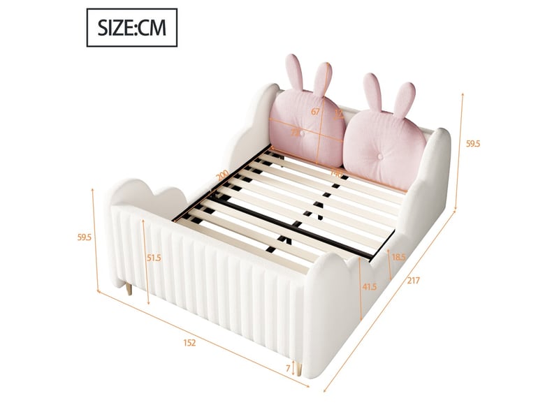  Lit rembourré double 140 x 200 cm avec coussins en forme de lapin, côtés en forme de nuage, plateforme mignonne en velours teddy, blanc, sans matelas  - Conforama C