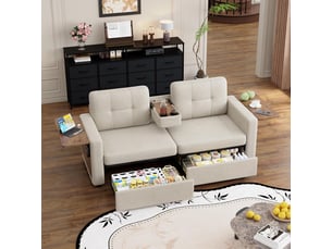 Fauteuil 2 places - 178x71x57.5 cm - canapé en tissu chenille avec table pour ordinateur, tiroirs et porte-gobelets - beige