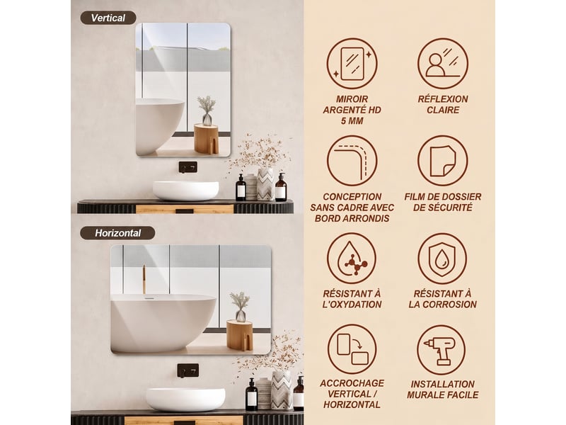  Miroir de salle de bains 60 x 100 cm, sans cadre à coins arrondis  - Conforama D