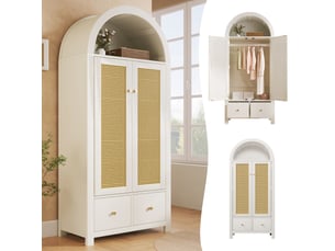 Armoire arquée 2 portes 78 × 45 × 181 cm, 2 tiroirs et rotin, blanc