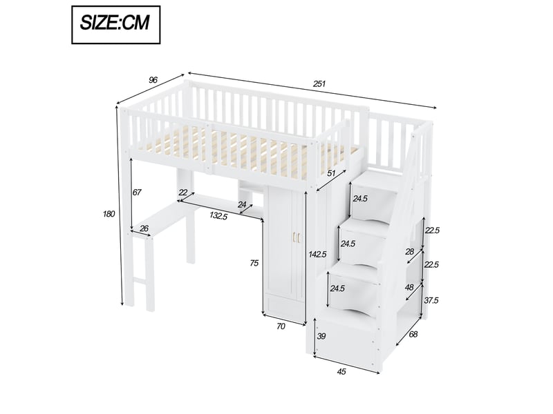 Lit mezzanine 90x200 cm avec armoire, bureau, étagère et escalier blanc - Conforama C