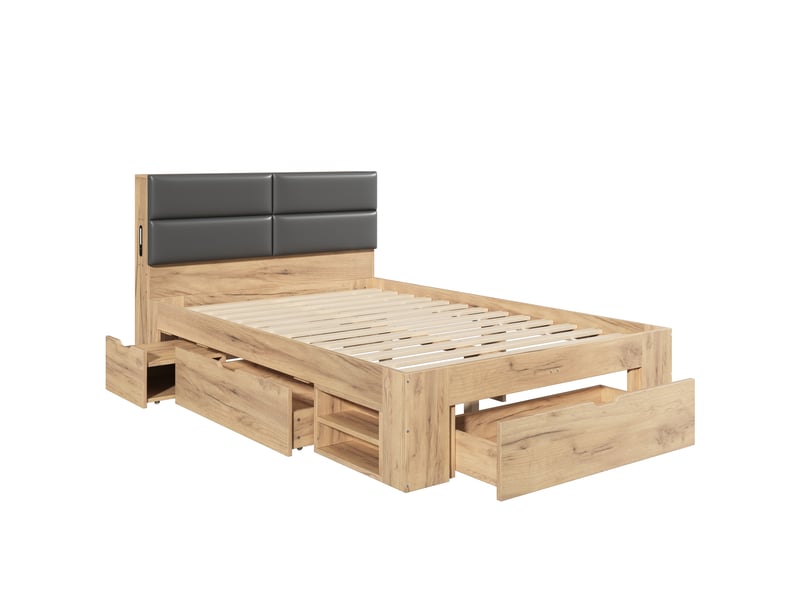 Lit enfant 140x200cm avec port usb, tiroirs, grand rangement, tête de lit rembourrée pu, cadre en bois, naturel - Conforama A